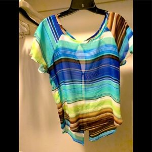 Large Lily White blue,green toned striped blouse with buttons on the back